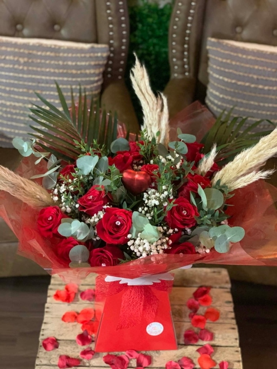 24 Red Roses with Pampas Grass
